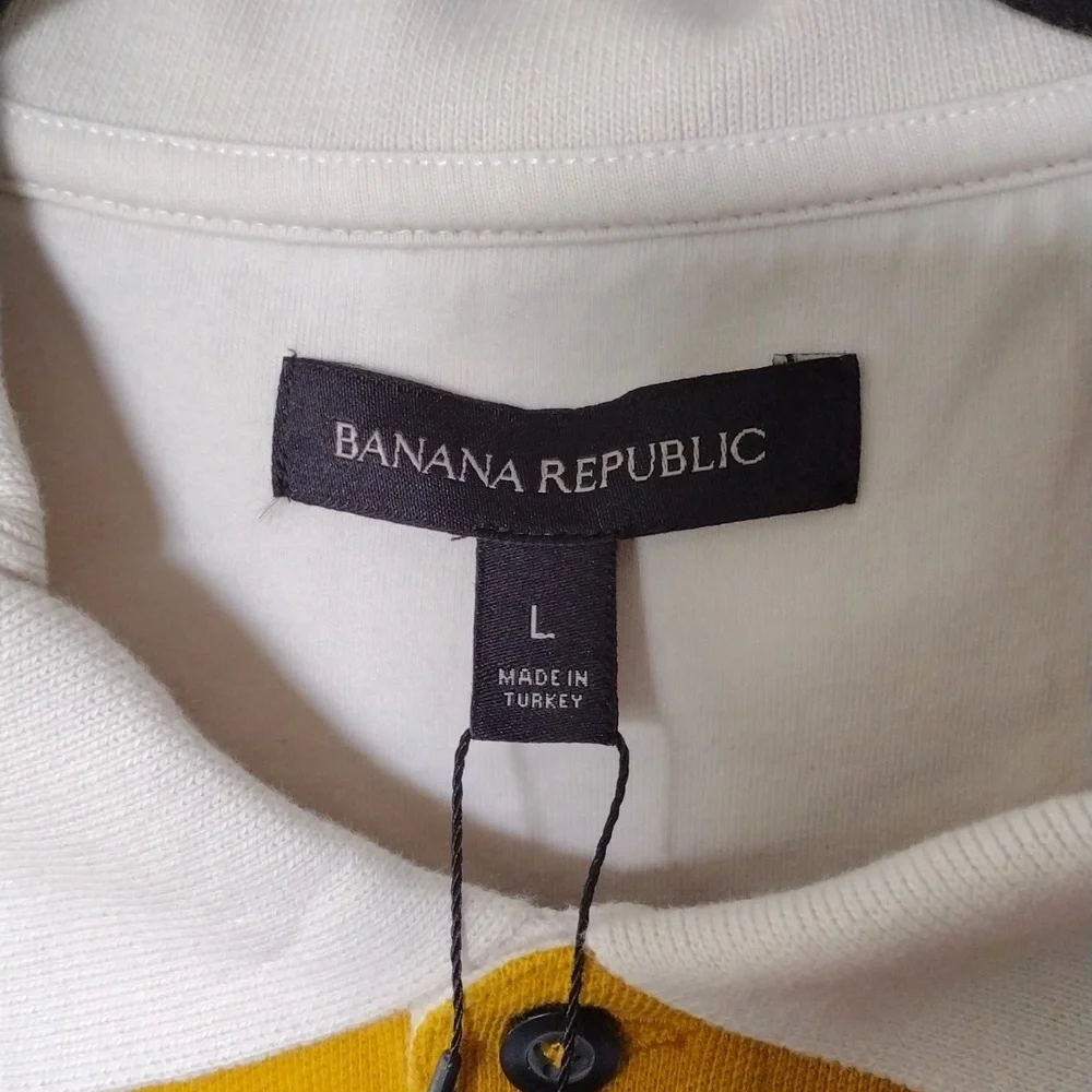 Banana Republic Bold Stripe Yellow Gingko Leaf Organic Cotton Pique Polo
